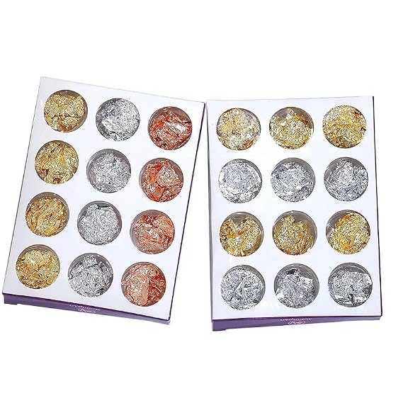 Gold & Silver Nail Foil Flakes Set – 12 Pots