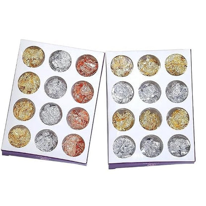 Gold & Silver Nail Foil Flakes Set – 12 Pots