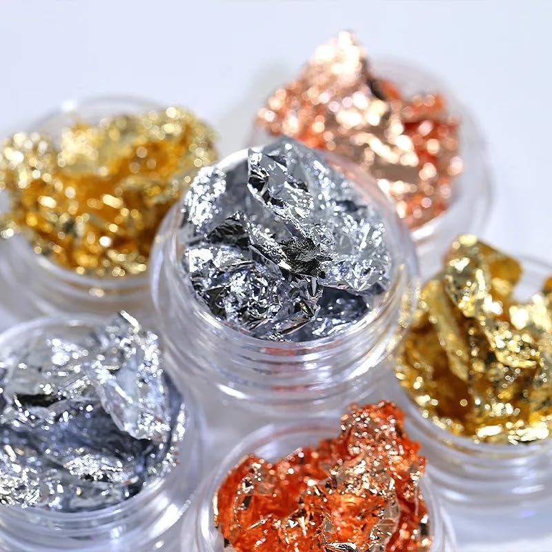 Gold & Silver Nail Foil Flakes Set – 12 Pots