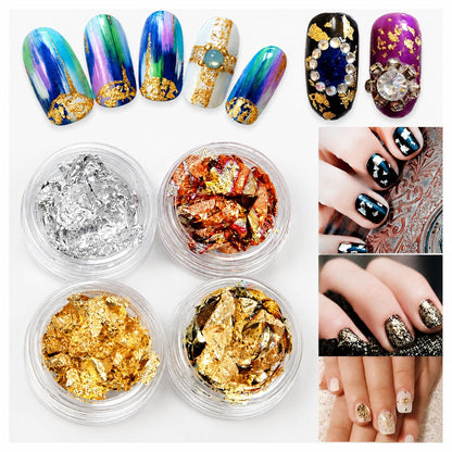 Gold & Silver Nail Foil Flakes Set – 12 Pots